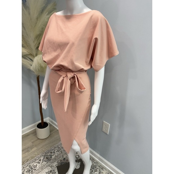 PrettyLittleThing Blush Pink Tie Waist Midi Dress Size 6 NWT Going Out - Picture 2 of 11